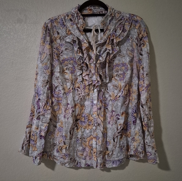 Cino Cotton Floral Blouse With Ruffled Collar And Neck Tie - Picture 2 of 7